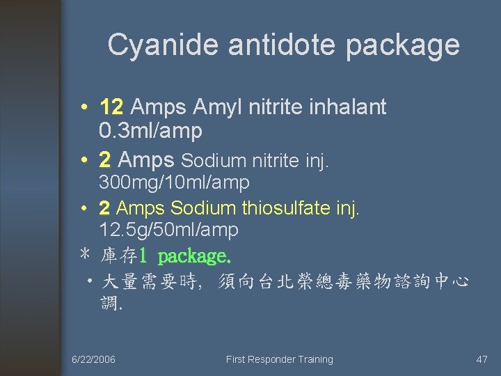 Cyanide antidote package • 12 Amps Amyl nitrite inhalant 12 0. 3 ml/amp •