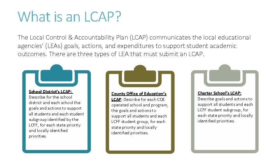 What is an LCAP? The Local Control & Accountability Plan (LCAP) communicates the local What is an LCAP? The Local Control & Accountability Plan (LCAP) communicates the local