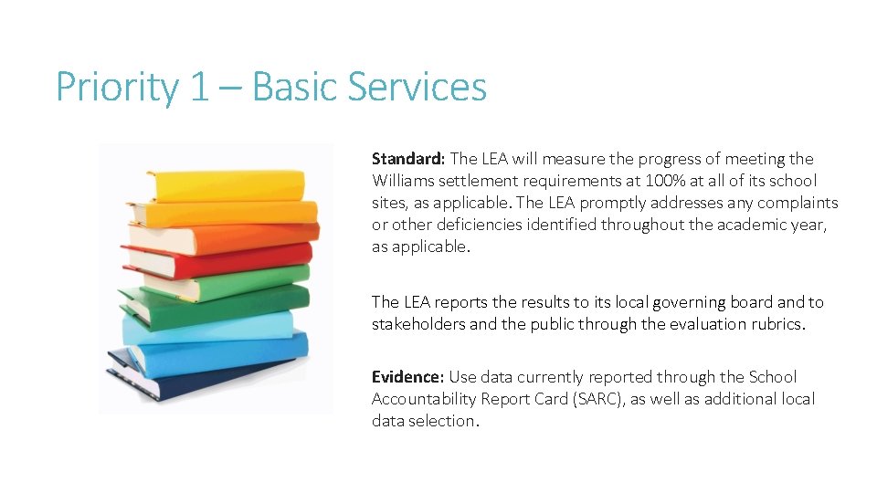 Priority 1 – Basic Services Standard: The LEA will measure the progress of meeting Priority 1 – Basic Services Standard: The LEA will measure the progress of meeting