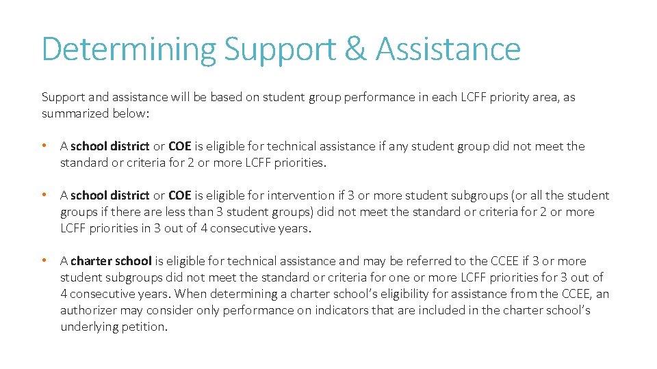 Determining Support & Assistance Support and assistance will be based on student group performance Determining Support & Assistance Support and assistance will be based on student group performance