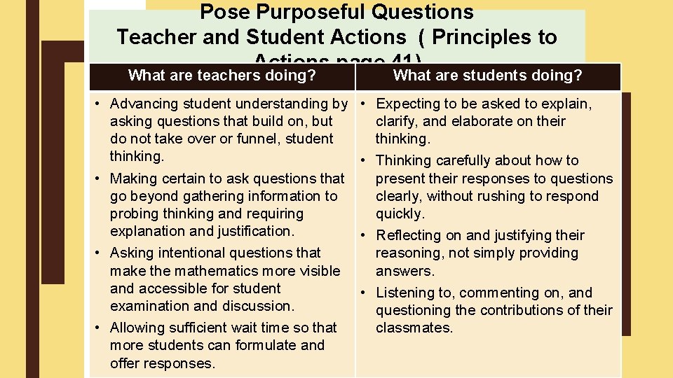 Pose Purposeful Questions Teacher and Student Actions ( Principles to Actions page 41) What Pose Purposeful Questions Teacher and Student Actions ( Principles to Actions page 41) What