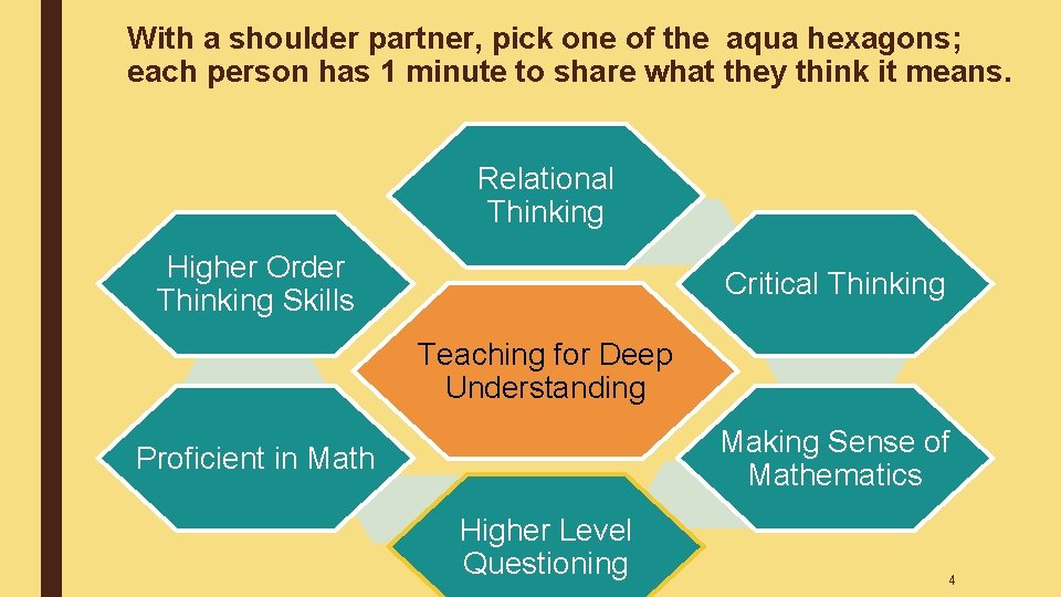 With a shoulder partner, pick one of the aqua hexagons; each person has 1 With a shoulder partner, pick one of the aqua hexagons; each person has 1