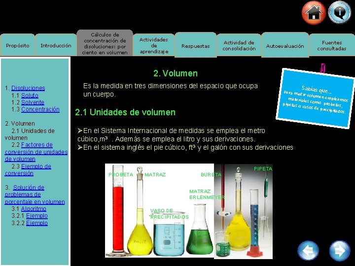 Propósito Introducción Cálculos de concentración de disoluciones: por ciento en volumen Actividades de aprendizaje