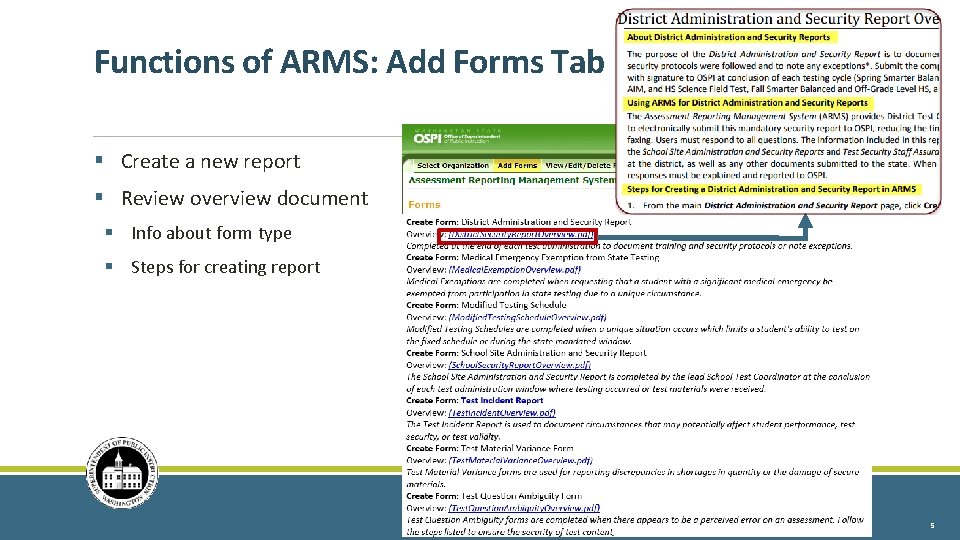 Functions of ARMS: Add Forms Tab § Create a new report § Review overview Functions of ARMS: Add Forms Tab § Create a new report § Review overview