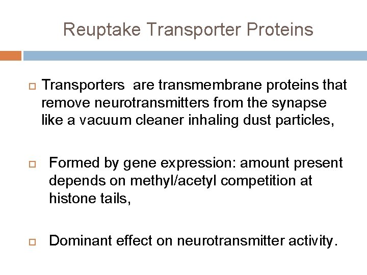 Reuptake Transporter Proteins Transporters are transmembrane proteins that remove neurotransmitters from the synapse like