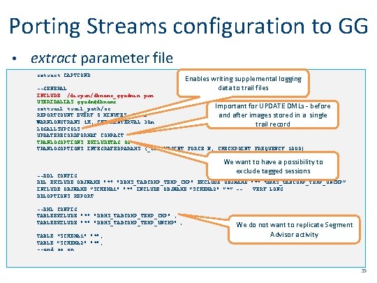 Porting Streams configuration to GG • extract parameter file extract CAPTCOND Enables writing supplemental