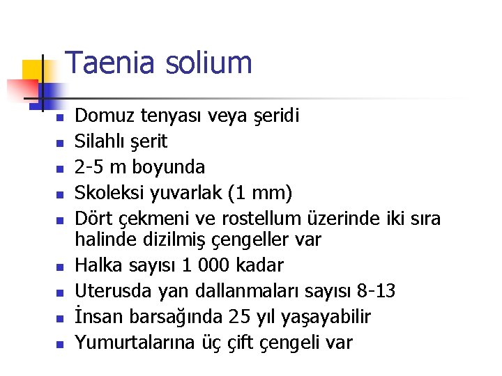 Taenia solium n n n n n Domuz tenyası veya şeridi Silahlı şerit 2