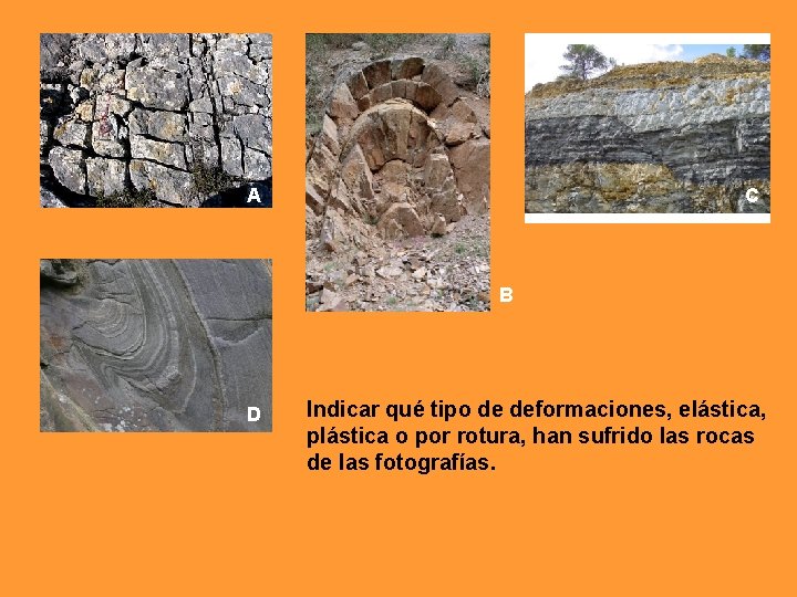 A C B D Indicar qué tipo de deformaciones, elástica, plástica o por rotura,