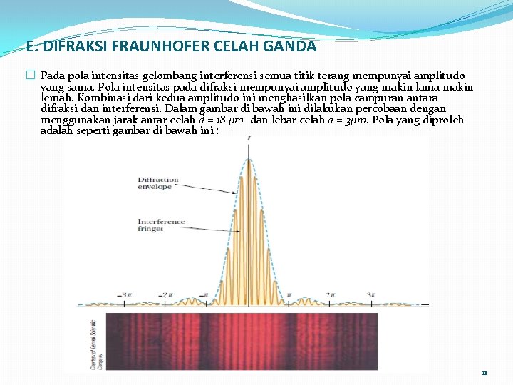 E. DIFRAKSI FRAUNHOFER CELAH GANDA � Pada pola intensitas gelombang interferensi semua titik terang