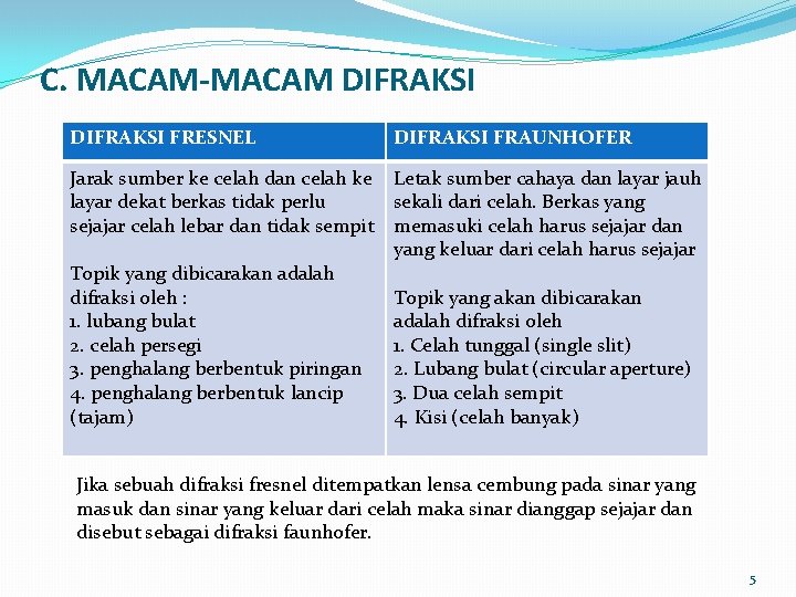 C. MACAM-MACAM DIFRAKSI FRESNEL DIFRAKSI FRAUNHOFER Jarak sumber ke celah dan celah ke layar