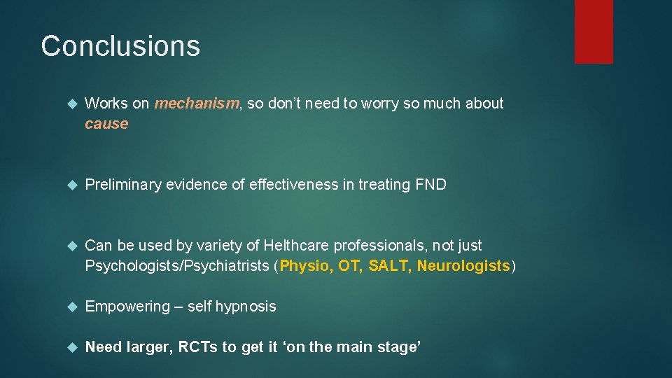 Conclusions Works on mechanism, so don’t need to worry so much about cause Preliminary