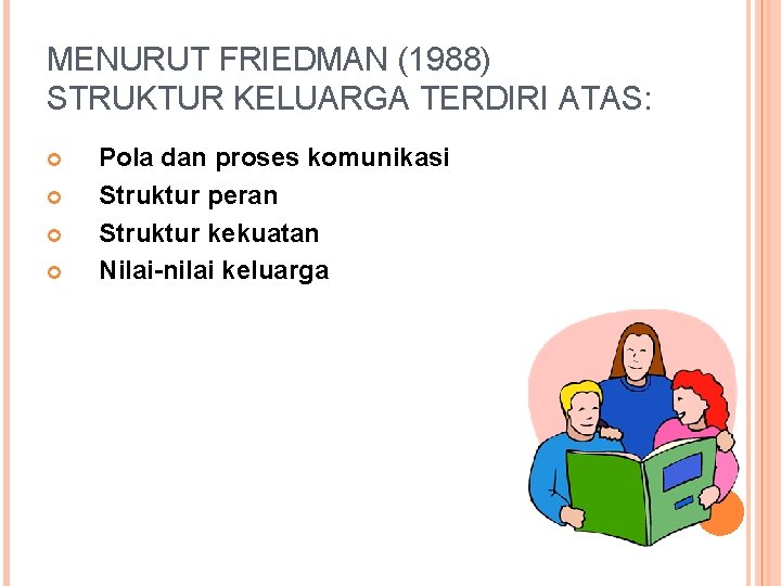 MENURUT FRIEDMAN (1988) STRUKTUR KELUARGA TERDIRI ATAS: Pola dan proses komunikasi Struktur peran Struktur