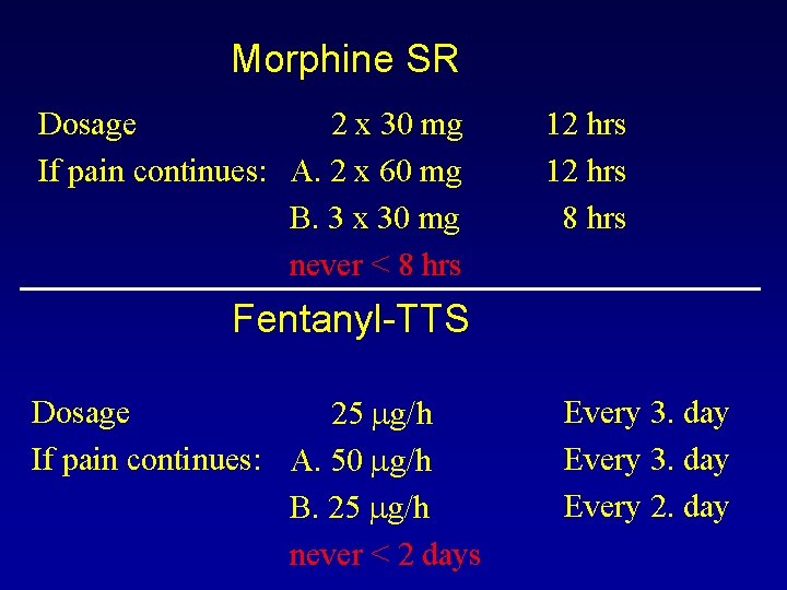 Morphine SR Dosage 2 x 30 mg If pain continues: A. 2 x 60