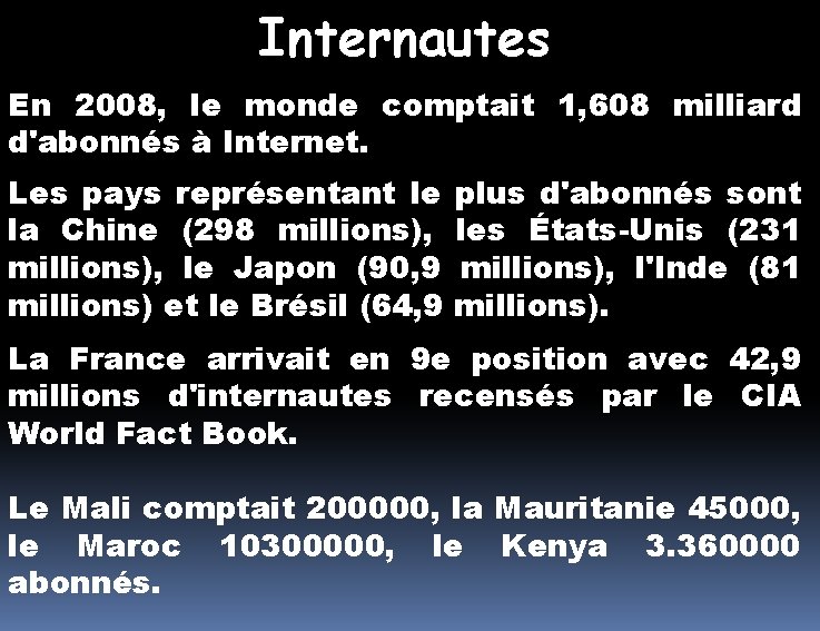 Internautes En 2008, le monde comptait 1, 608 milliard d'abonnés à Internet. Les pays Internautes En 2008, le monde comptait 1, 608 milliard d'abonnés à Internet. Les pays