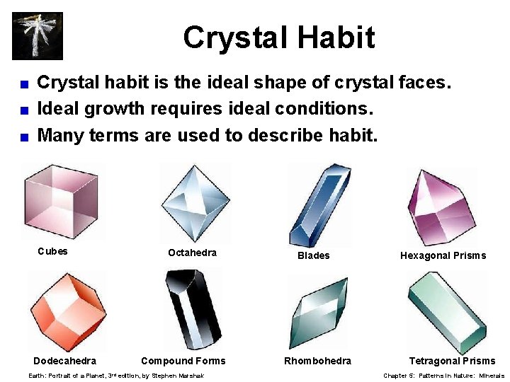Crystal Habit Crystal habit is the ideal shape of crystal faces. < Ideal growth