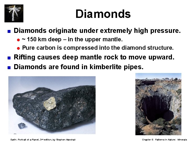 Diamonds < Diamonds originate under extremely high pressure. =~ 150 km deep – in