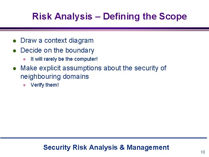 Risk Analysis – Defining the Scope l l Draw a context diagram Decide on