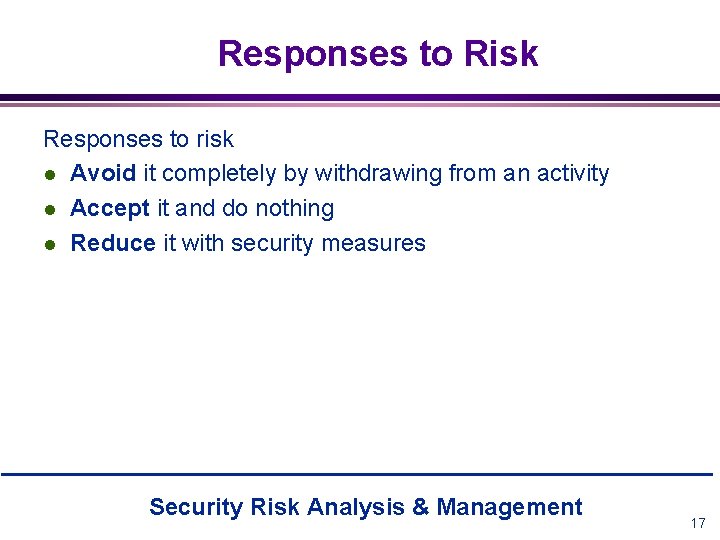 Responses to Risk Responses to risk l Avoid it completely by withdrawing from an