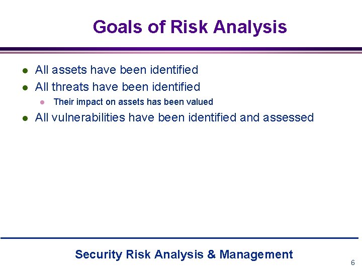 Goals of Risk Analysis l l All assets have been identified All threats have