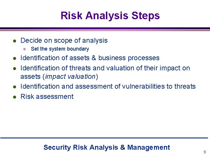 Risk Analysis Steps l Decide on scope of analysis l l l Set the