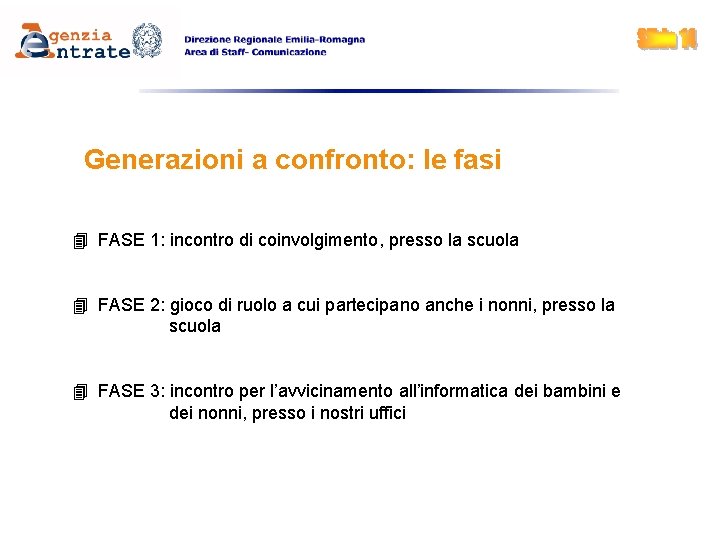 Generazioni a confronto: le fasi FASE 1: incontro di coinvolgimento, presso la scuola FASE