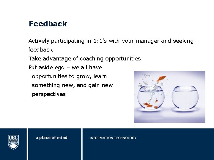 Feedback Actively participating in 1: 1’s with your manager and seeking feedback Take advantage