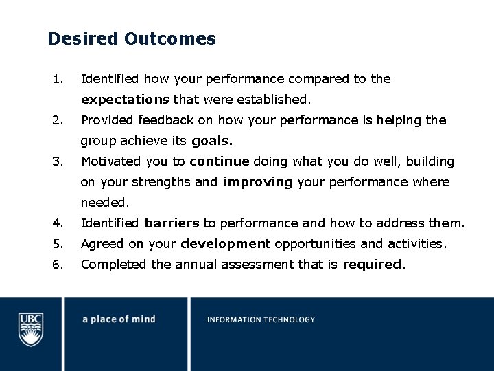 Desired Outcomes 1. Identified how your performance compared to the expectations that were established.