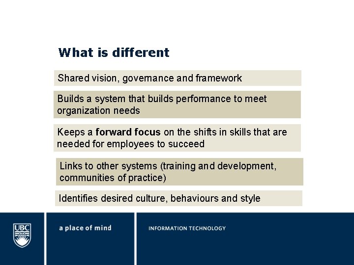 What is different Shared vision, governance and framework Builds a system that builds performance