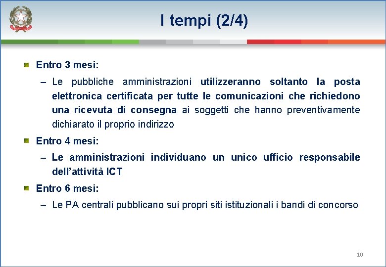 I tempi (2/4) Entro 3 mesi: – Le pubbliche amministrazioni utilizzeranno soltanto la posta