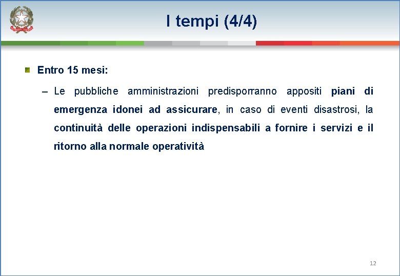 I tempi (4/4) Entro 15 mesi: – Le pubbliche amministrazioni predisporranno appositi piani di