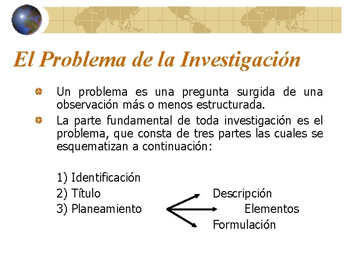 El Problema de la Investigación Un problema es una pregunta surgida de una observación