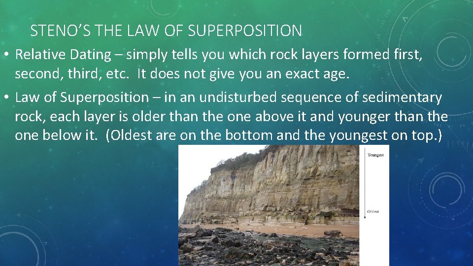 STENO’S THE LAW OF SUPERPOSITION • Relative Dating – simply tells you which rock