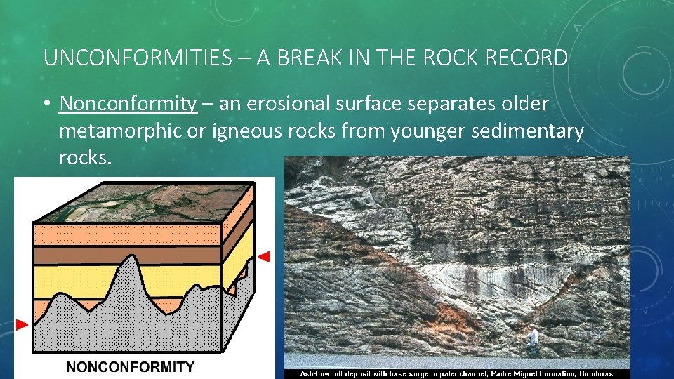 UNCONFORMITIES – A BREAK IN THE ROCK RECORD • Nonconformity – an erosional surface