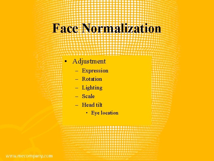 Face Normalization • Adjustment – – – Expression Rotation Lighting Scale Head tilt •