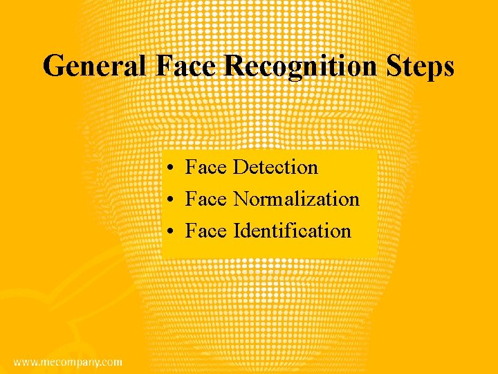 General Face Recognition Steps • Face Detection • Face Normalization • Face Identification 