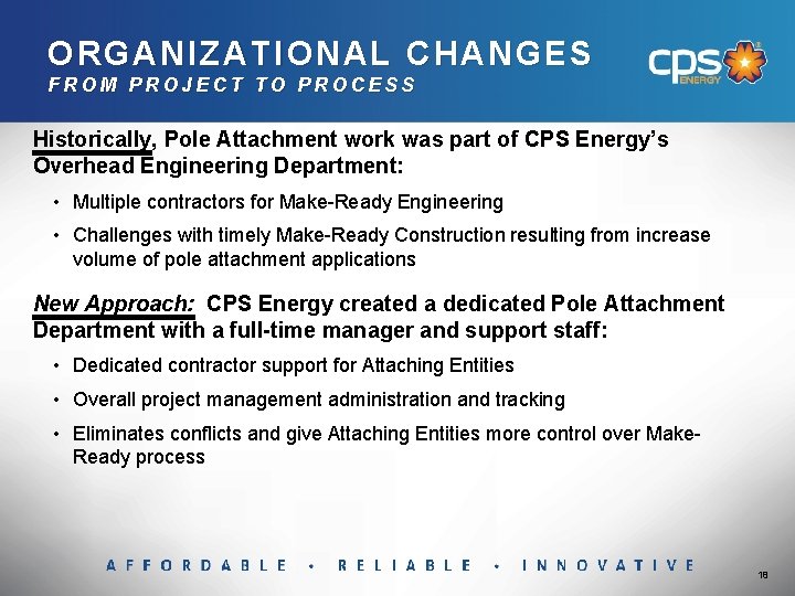 ORGANIZATIONAL CHANGES FROM PROJECT TO PROCESS Historically, Pole Attachment work was part of CPS