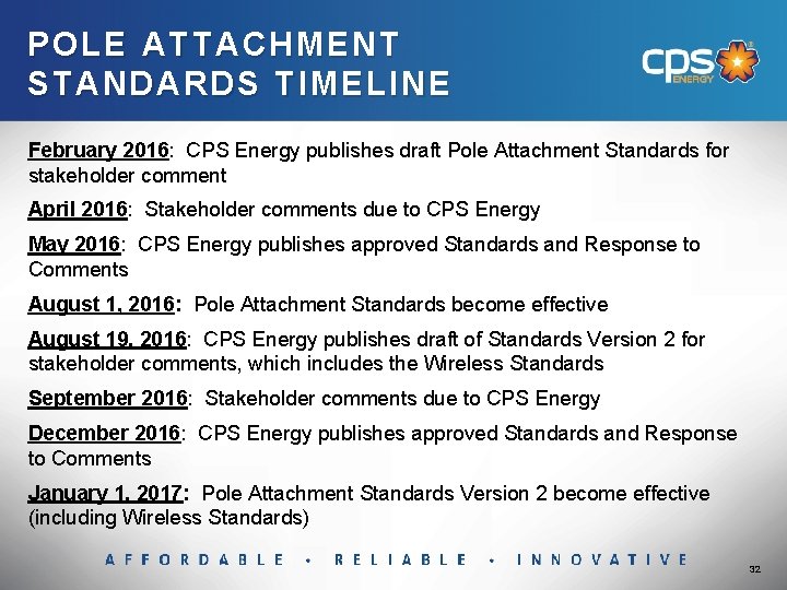 POLE A TTACHMENT STANDARDS TIMELINE February 2016: CPS Energy publishes draft Pole Attachment Standards