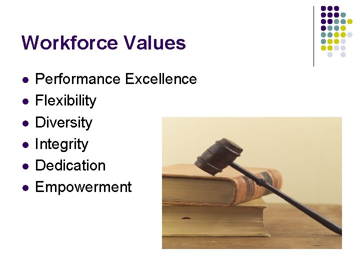 Workforce Values l l l Performance Excellence Flexibility Diversity Integrity Dedication Empowerment 