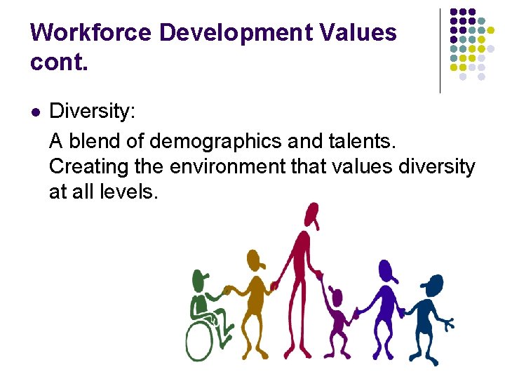 Workforce Development Values cont. l Diversity: A blend of demographics and talents. Creating the