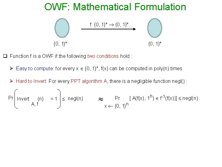 OWF: Mathematical Formulation f: {0, 1}* q Function f is a OWF if the