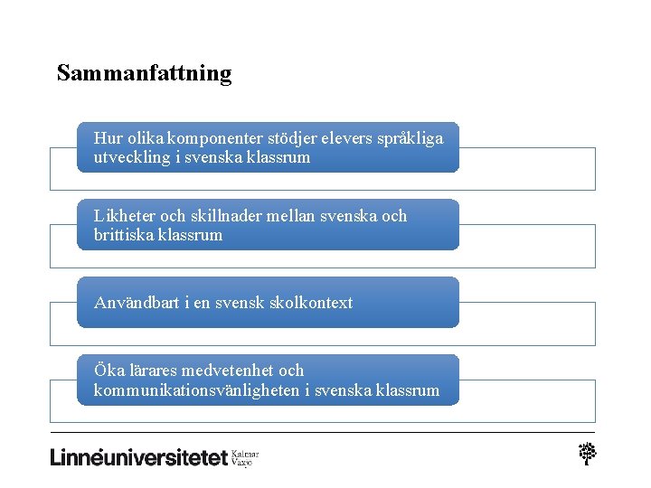 Sammanfattning Hur olika komponenter stödjer elevers språkliga utveckling i svenska klassrum Likheter och skillnader Sammanfattning Hur olika komponenter stödjer elevers språkliga utveckling i svenska klassrum Likheter och skillnader