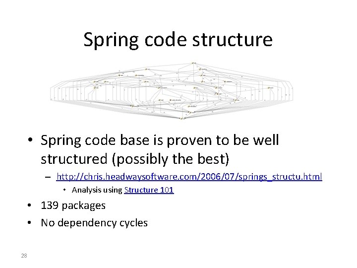 Spring code structure • Spring code base is proven to be well structured (possibly