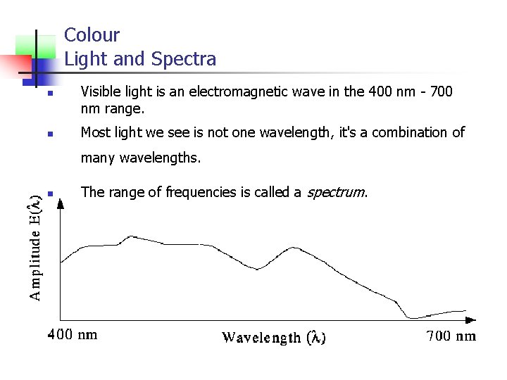 Colour Light and Spectra n n Visible light is an electromagnetic wave in the