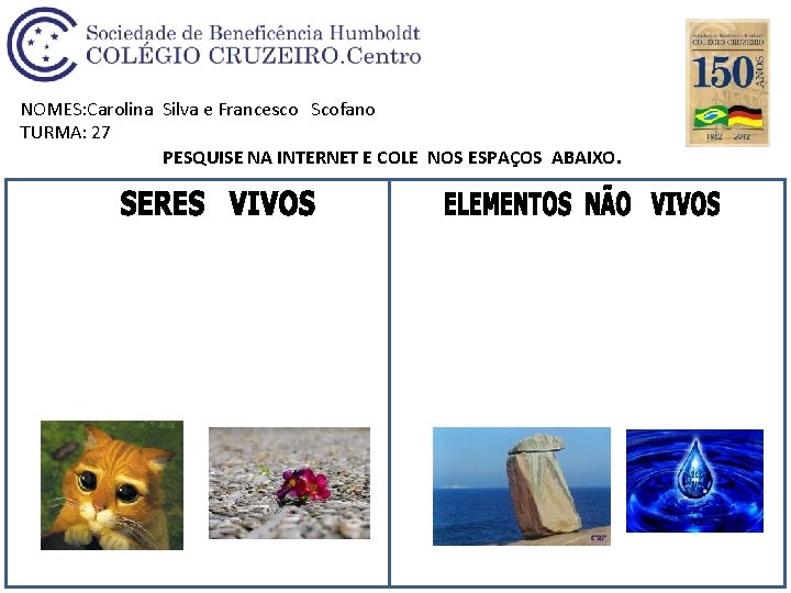 NOMES: Carolina Silva e Francesco Scofano TURMA: 27 PESQUISE NA INTERNET E COLE NOS