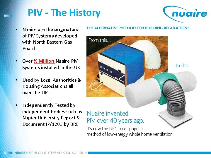 PIV - The History • Nuaire are the originators of PIV Systems developed with