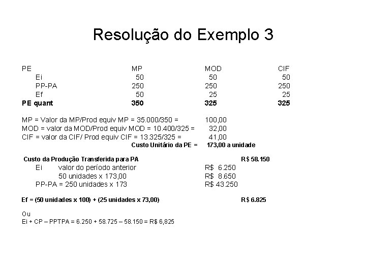 Resolução do Exemplo 3 PE Ei PP-PA Ef PE quant MP 50 250 50