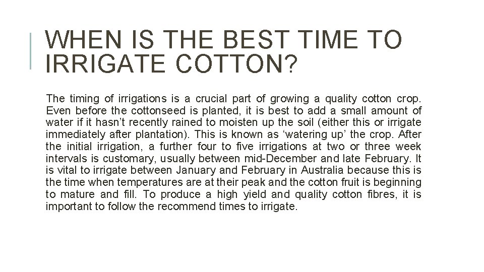 WHEN IS THE BEST TIME TO IRRIGATE COTTON? The timing of irrigations is a