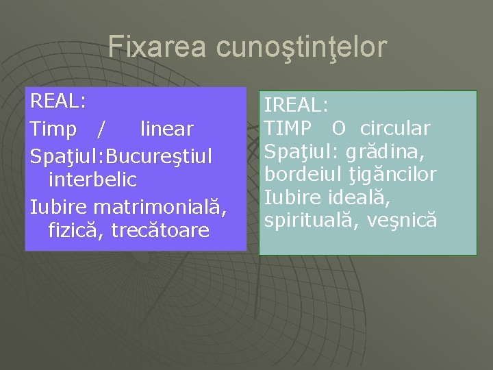 Fixarea cunoştinţelor REAL: Timp / linear Spaţiul: Bucureştiul interbelic Iubire matrimonială, fizică, trecătoare IREAL: