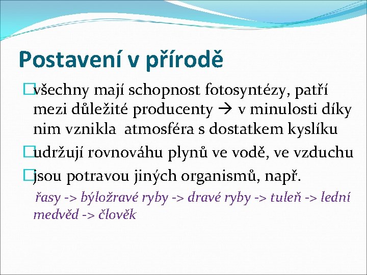 Postavení v přírodě �všechny mají schopnost fotosyntézy, patří mezi důležité producenty v minulosti díky