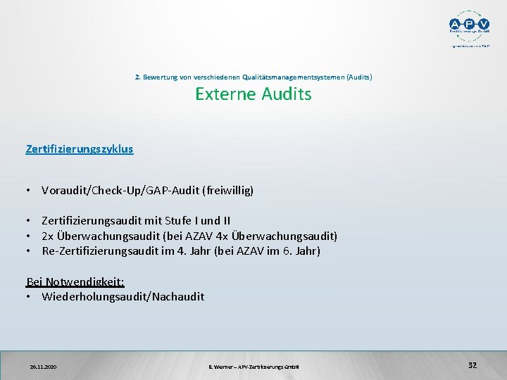 2. Bewertung von verschiedenen Qualitätsmanagementsystemen (Audits) Externe Audits Zertifizierungszyklus • Voraudit/Check-Up/GAP-Audit (freiwillig) • Zertifizierungsaudit